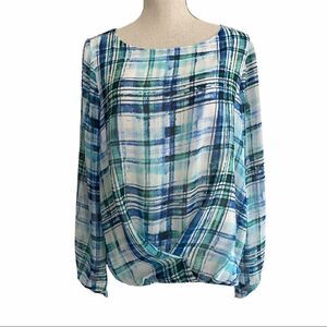 Vince Camuto Blue Plaid Surplice Top Sz M
